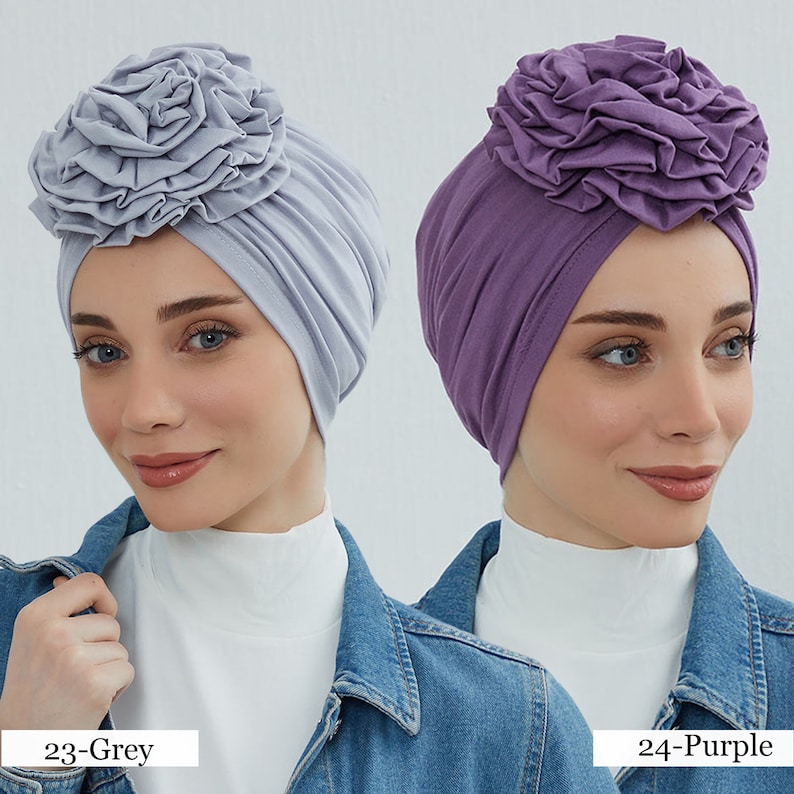 Instant Turban Cotton Scarf Head Wrap Lightweight Cancer Chemo Headwear Hat with Gorgeous Handmade Rose Detail B-21 image 5