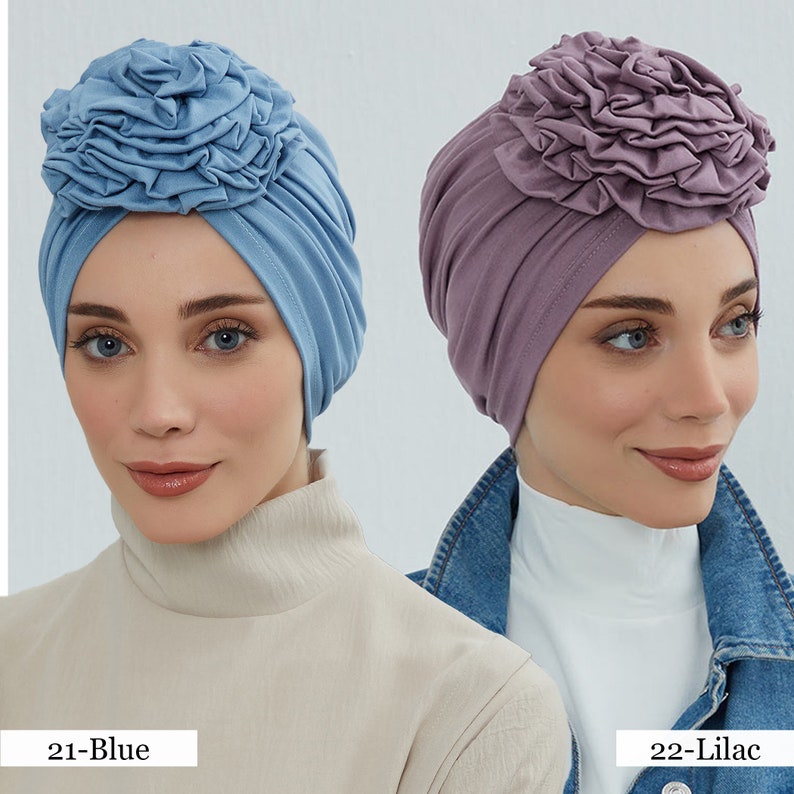 Instant Turban Cotton Scarf Head Wrap Lightweight Cancer Chemo Headwear Hat with Gorgeous Handmade Rose Detail B-21 image 9