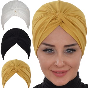 Cotton Bonnet Headwrap Lightweight Womens Cap 3 in 1 Colors: White-Black-Mustard B-4-3ST-1