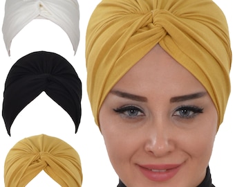 Cotton Bonnet Headwrap Lightweight Womens Cap 3 in 1 Colors: White-Black-Mustard B-4-3ST-1