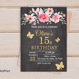 15th Butterfly Invitation, Butterfly Invite, Any Age Birthday Party, Floral Birthday Invitation, Digital file, B 65