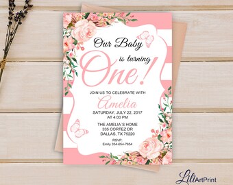 1st Birthday Invitation, Pink Birthday Invitation, Girl Birthday Invitation, Floral Invitation, One Birthday Invitation, Digital file 1