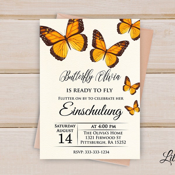 Einschulung Butterfly Invitation, Butterflys Invite, Einschulung Party, Floral Birthday Invitation, Digital file, B 60