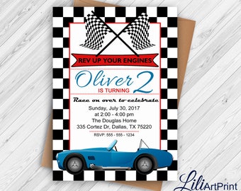 Race Car Birthday Invitation, Race Car Party Invite, 2nd Birthday Invitation, Vintage Race Car Invitation, Digital file.(2)