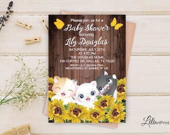 Cats Baby Shower Invitation, Printable Baby Shower, Sunflower Baby Shower Invite, Rustic Baby Shower Invitation, Digital file, B 29