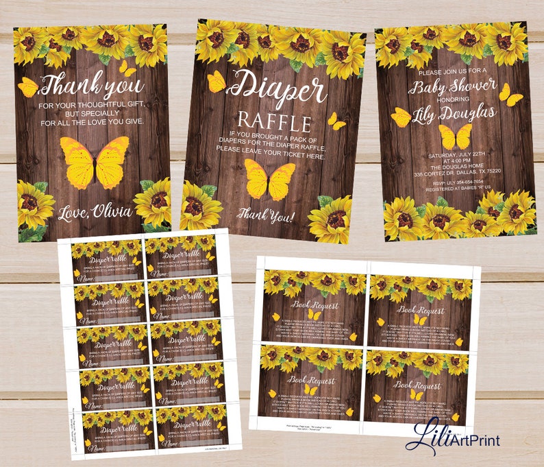 Sunflower Baby Shower invite Thanks Card Sunflower Baby Shower Invitation Diaper Raffle Tickets Digital file 30 Bring a Book