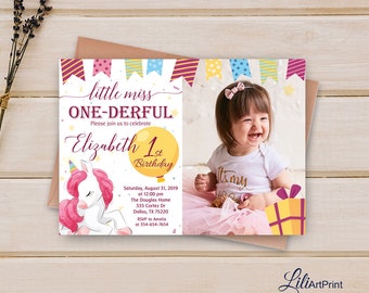 Little Miss Onederful invitation, Miss One-derful, 1st Birthday Invitation, Floral Invitation, One Birthday Invitation, Digital file 14