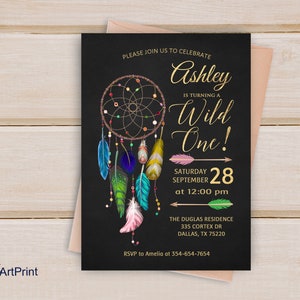 First Birthday Invitation, Dreamcatcher Invitation, Wild One Birthday Invitation, Dreamcatcher Birthday, Birthday Party, Digital file, 32