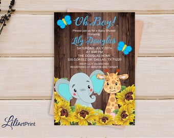 Elefant & Giraffe Baby Shower Einladung, Druckbare Babyparty, Sonnenblume Baby shower, Holz Baby Shower Einladung, Digitale Datei, B 62