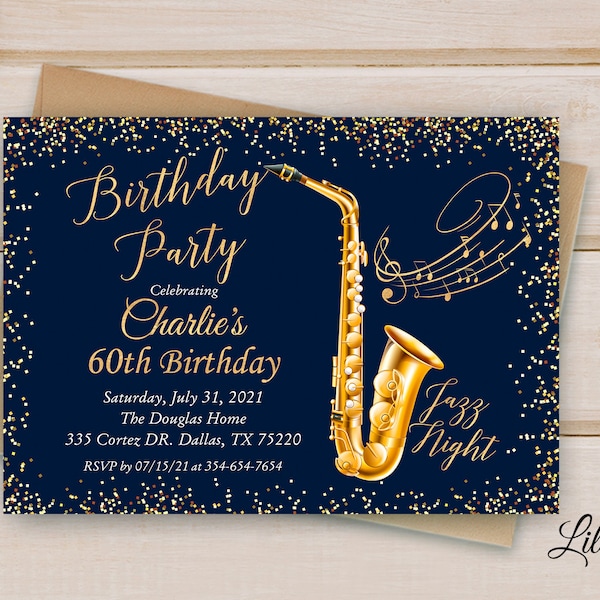 60th Birthday Invitation, Birthday Invitation, Jazz Night Invitation, Any Age Birthday, Saxophone Birthday, Digital file, M 20