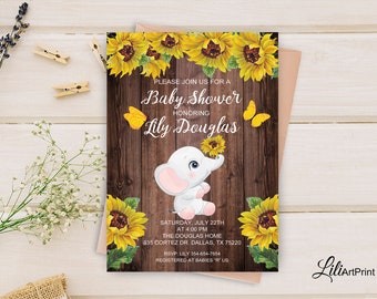 Elefant Baby Shower Einladung, Druckbare Babyparty, Sonnenblumen Baby Shower Einladung, Holz Baby Shower Einladung, Digitale Datei, B 26