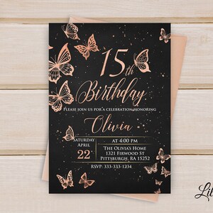 15th Butterfly Invitation, Butterflys Invite, Any Age Birthday Party, Floral Birthday Invitation, Digital file, B 61