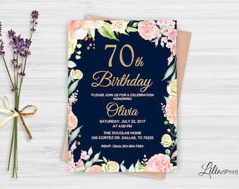 70th Birthday Invitation, Floral Women Birthday Invitation, Any Age Birthday Invite, Gold Invitation, Digital file, W 14