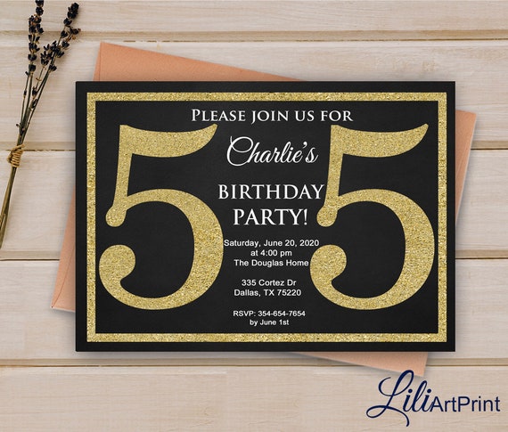 55th Birthday Invitation Gold Invitation Gold Glitter | Etsy