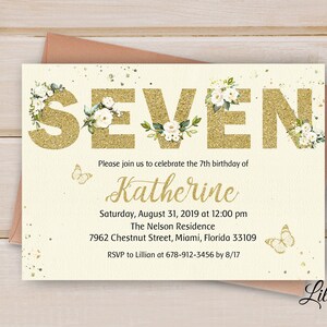 7th Birthday Invitation, Butterfly Invitation, Floral Birthday Invitation, Floral Ivory Birthday, Birthday Party, Digital file, #B51
