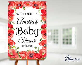 Floral Welcome Baby Shower Sign, Baby Shower, Printable Baby Shower, Red Poppy Baby Shower invite, Digital file, WB 118