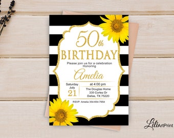 50th Birthday Invitation, Floral Women Birthday Invitation, Sunflower Invitation, Any Age Birthday Invite, Digital file, W16