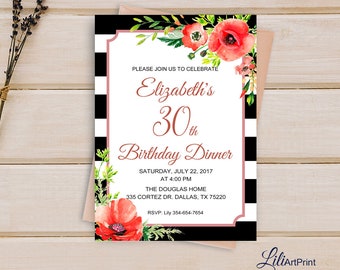 30th Birthday Invitation, Floral Birthday Invitation, Any Age Birthday Invite, Red Poppy, Birthday Party, Digital file, W 46