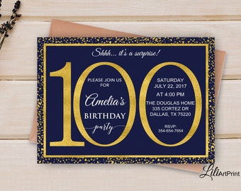 100th Birthday Invitation, Gold Invitation,  Gold Glitter Birthday invite, Gold Birthday Invitation, Digital file, #W 44