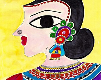 watercolour madhubani ( indian tribal art ) wallart , colourful , decor