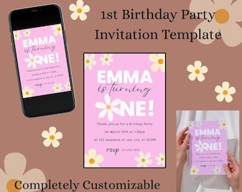 Invito modificabile per il primo compleanno - Download digitale - Modello Canva - Invito di compleanno floreale rosa per ragazze
