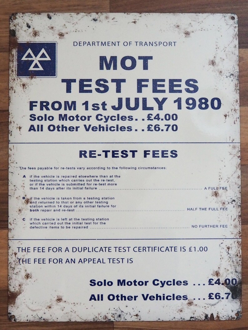 MOT Test Fees 1980 Large Tin Sign British Classic Car Lover Etsy UK