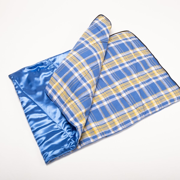 Foot & Leg Warmer - COLOR: "Acadia Blue" - Satin and Plaid Flannel "Sleeping Bag" For Your Feet and Legs - Made In Maine