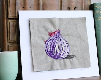 Hand embroidered red onion textile art 8x7"