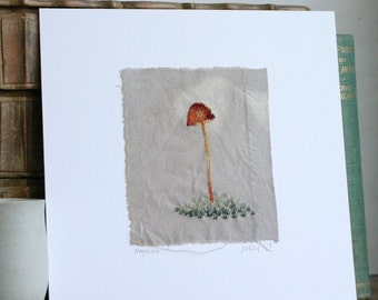 Hand embroidered Mycena mushroom textile art 8x8"