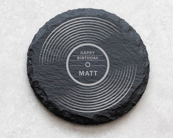 Personalised Slate Record Coaster | Happy Birthday | Gift for Music Lover | Laser Engraved Present