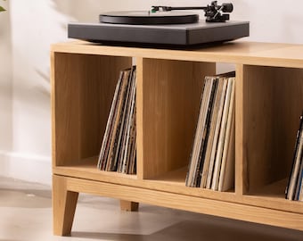 Handcrafted Mid-Century Solid Oak Vinyl Record Cabinet – Stylish Turntable & Record Storage Solution