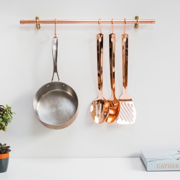 Copper pipe utensil and pan hanging rail - Solid brass fittings