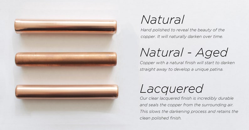 May include: Three copper pipes, each with a different finish: natural, natural aged, and lacquered. The pipes are arranged vertically, with the natural finish at the top and the lacquered finish at the bottom. Text describes the finish of each pipe.