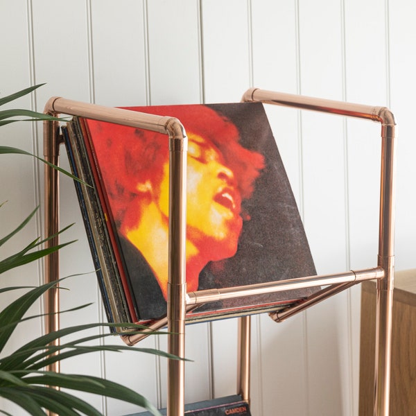 Vinyl record Storage Display - Handmade from Copper Pipe - Stores up to 70 LP Albums