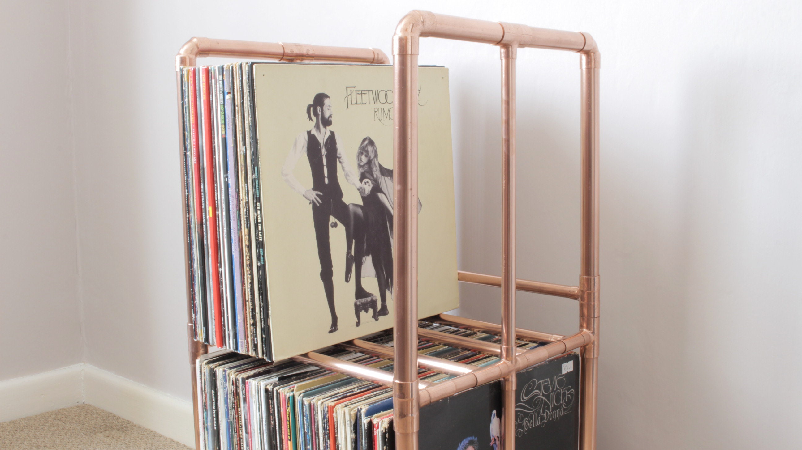 Vinyl Record Holder Handmade With Industrial Copper and Chrome Pipe 