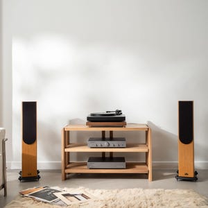 Solid walnut noise isolation platform with brass or chrome spike feet. This is for your turntable or amplifier to reduce vibration and enhance audio quality.