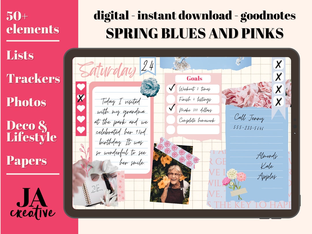 Spring Digital Stickers Pink and Blue Goodnotes Flower Floral Stickers ...