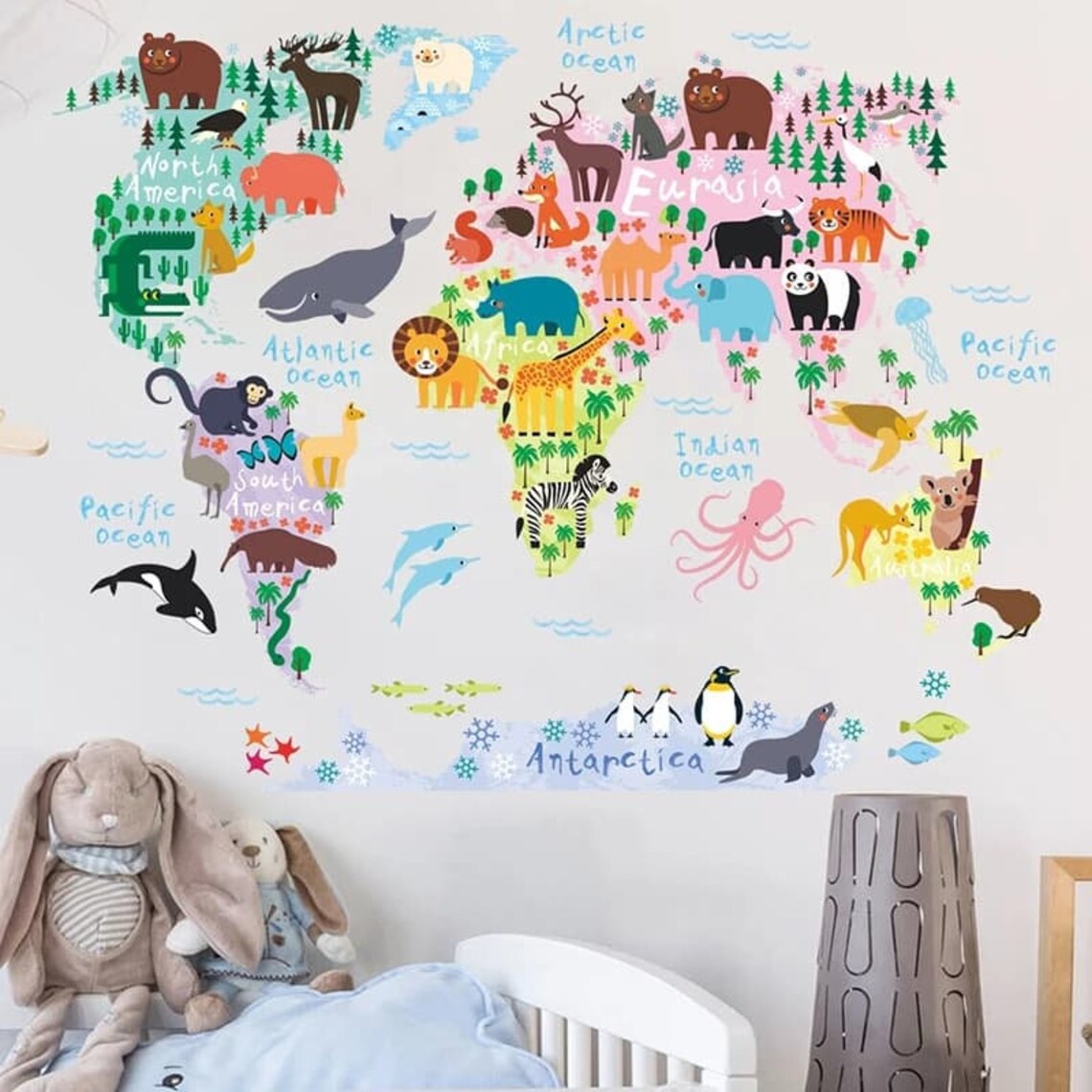 World map educational children's wall sticker with animals Etsy