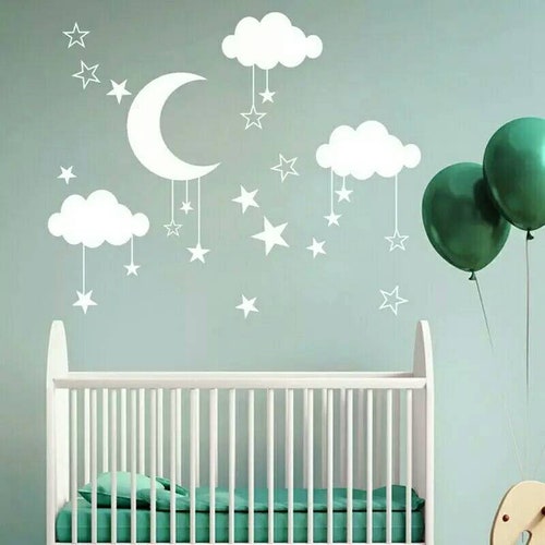 White Clouds Moon Stars Nursery Children's Wall Sticker Etsy