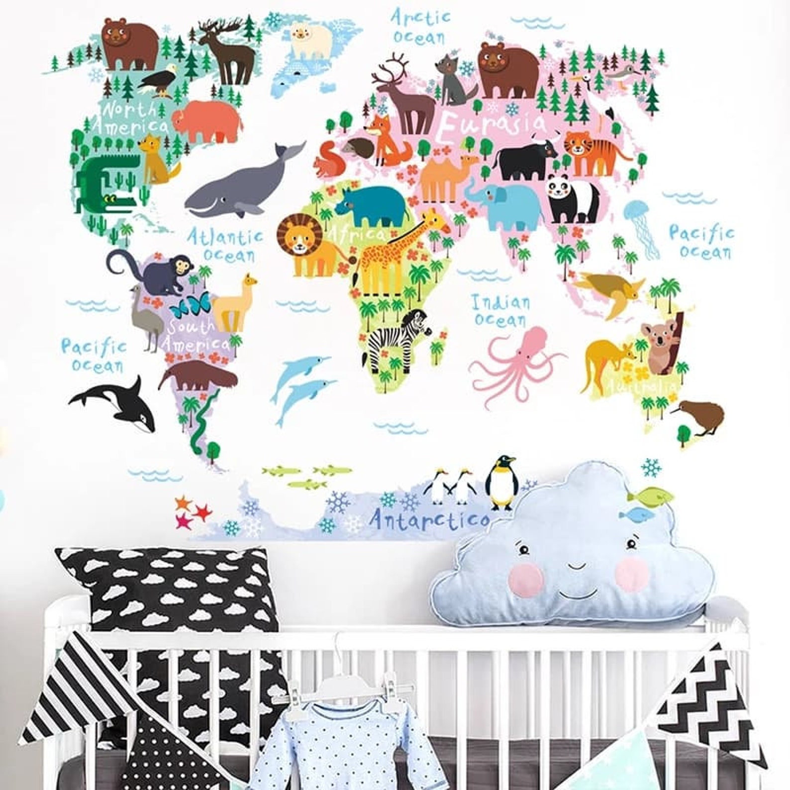 World Map Educational Children's Wall Sticker With Animals Etsy Canada
