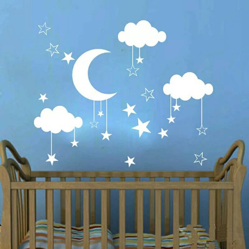 White Clouds Moon Stars Nursery Children's Wall Sticker Etsy UK