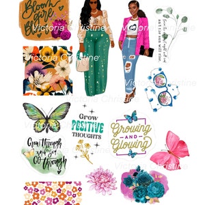 Pacote de adesivos Grow Girl - Adesivos artesanais para meninas negras - Adesivos para planejadores afro-americanos - Adesivos para mulheres negras