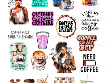Coffee Addict - Handmade African American Stickers - Black Women Planner Decals - Black Girl Coffee Theme Stickers