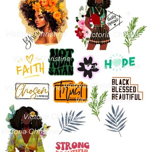 Faith and Florals - Adesivos afro-americanos feitos à mão - Adesivos de flores para mulheres negras - Adesivos de planejador para meninas negras
