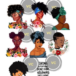 Pacchetto di adesivi Regina Nubiana - Adesivi con fiori acquerellati per ragazze nere - Adesivi per planner con donne nere - Adesivi per planner afroamericani