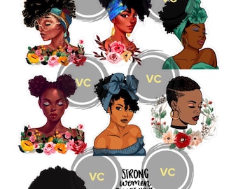 Nubian Queen - Black Girl Watercolor Flower Stickers - Black Woman Planner Decals- African American Stickers