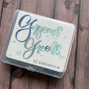 Wunderschöne Grüntöne Aquarell Palette - Handgemachte Metallic Aquarell - Artisan Aquarell Set - Quarter Pans - Kalligraphie