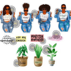 Pacote de adesivos de plantas e jeans - Adesivos de planejador para mulheres negras - Adesivos afro-americanos feitos à mão - Adesivos com tema de plantas para meninas negras
