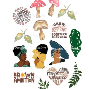 Mushy Sticker Pack - Adesivos artesanais para meninas negras - Adesivos para planejadores afro-americanos - Adesivos com tema de cogumelo para mulheres negras