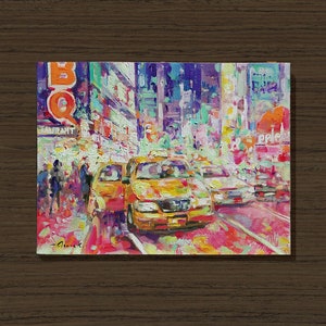 YELLOW CAB Original Oil Painting on 18x24 Canvas by Dima K New York City Landscape Cityscape Night Street Scene Abstract Art Gift for Dad